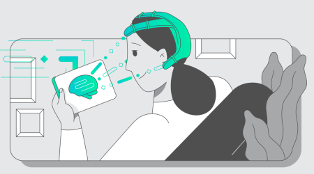 a woman with headphones and a tablet